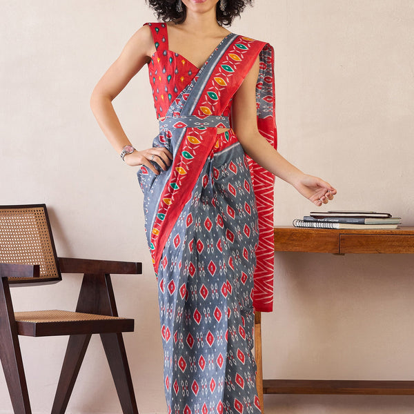 NOZ2TOZ Women's Cotton Grey Printed Ready to Wear With Blouse Piece - Distacart