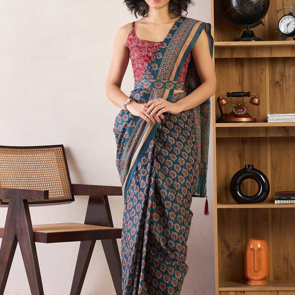 NOZ2TOZ Women's Cotton Teal blue Printed Ready to Wear With Blouse Piece - Distacart