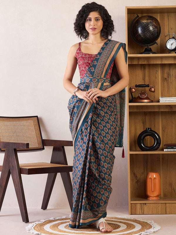 NOZ2TOZ Women's Cotton Teal blue Printed Ready to Wear With Blouse Piece - Distacart