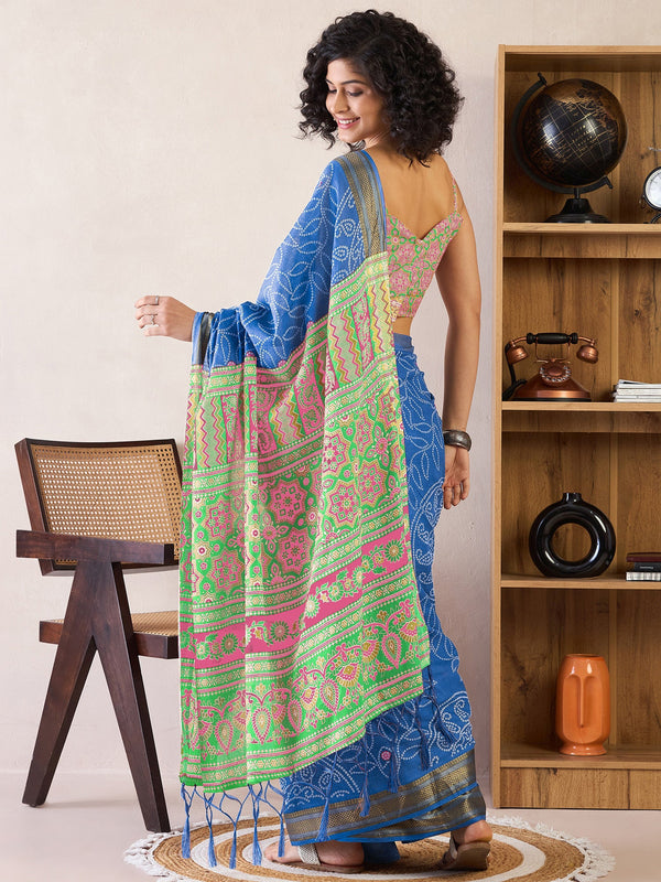 NOZ2TOZ Women's Cotton Blue Printed Ready to Wear With Blouse Piece - Distacart