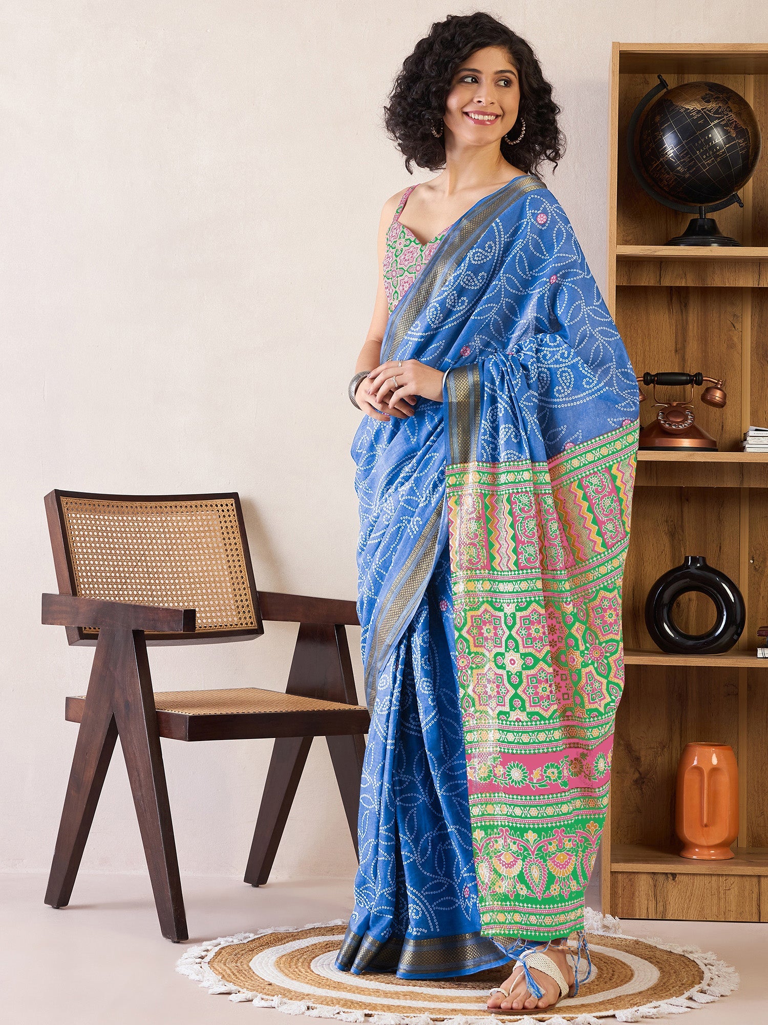 NOZ2TOZ Women's Cotton Blue Printed Ready to Wear With Blouse Piece - Distacart