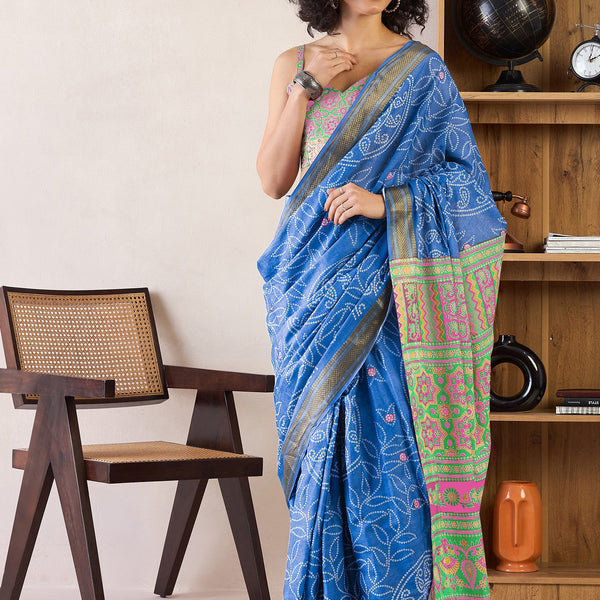 NOZ2TOZ Women's Cotton Blue Printed Ready to Wear With Blouse Piece - Distacart