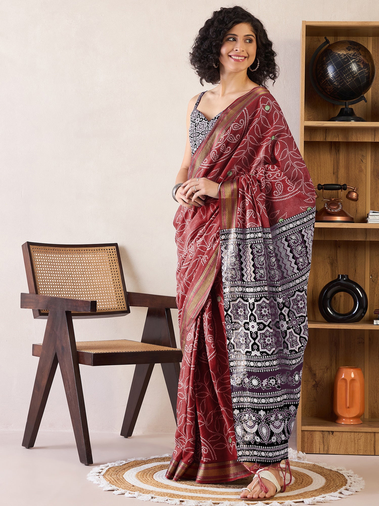 NOZ2TOZ Women's Cotton Brown Printed Ready to Wear With Blouse Piece - Distacart