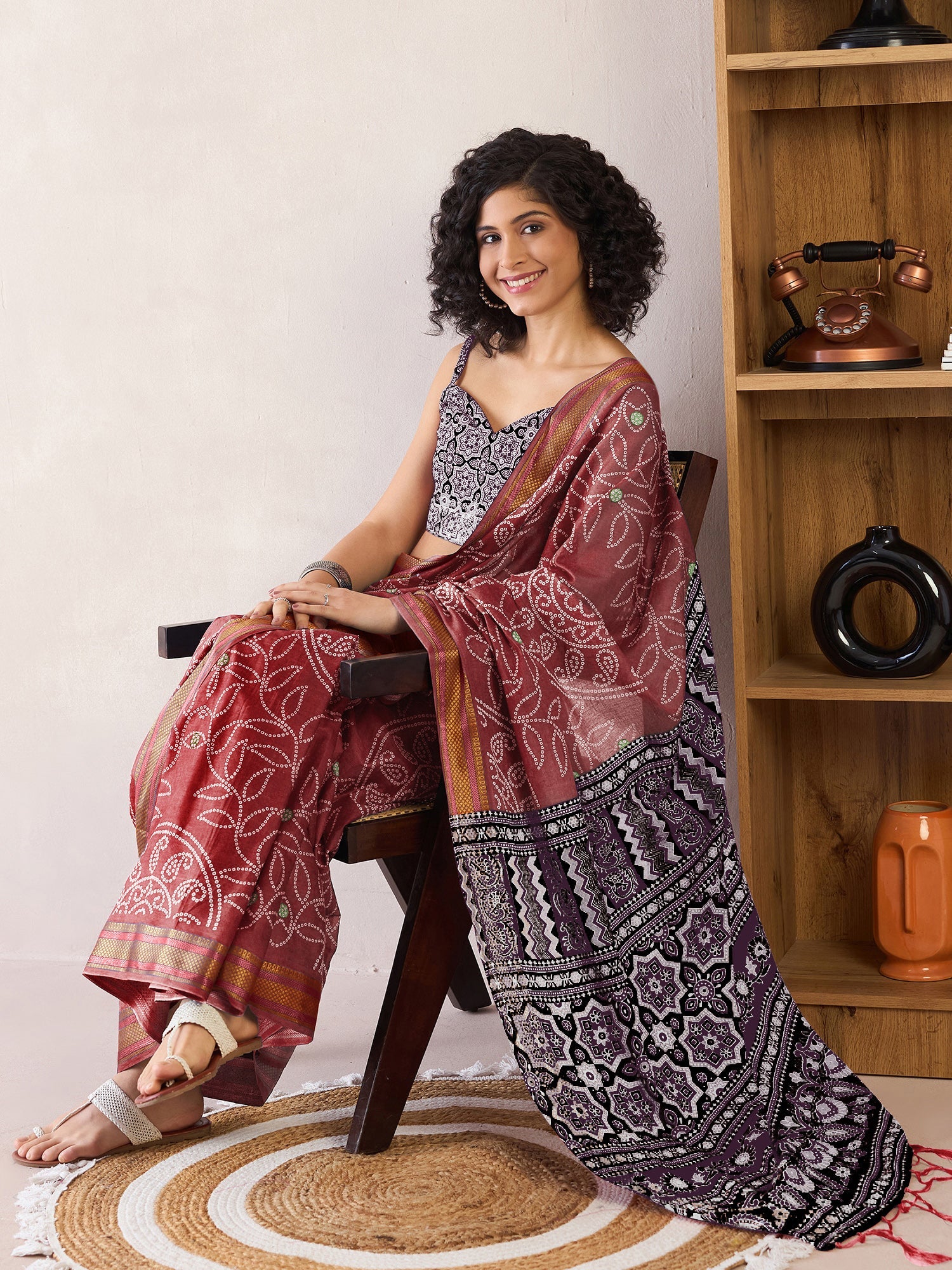 NOZ2TOZ Women's Cotton Brown Printed Ready to Wear With Blouse Piece - Distacart