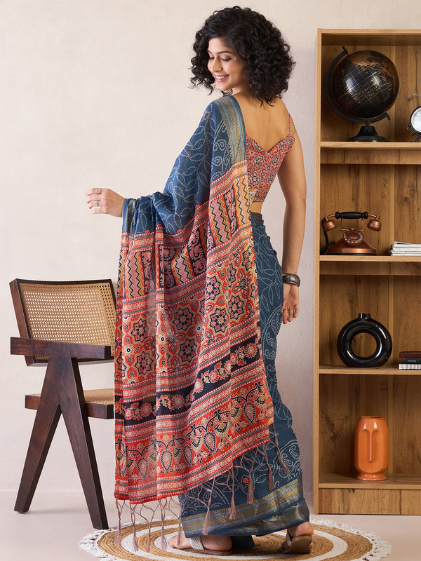 NOZ2TOZ Women's Cotton Navy Blue Printed Ready to Wear With Blouse Piece - Distacart