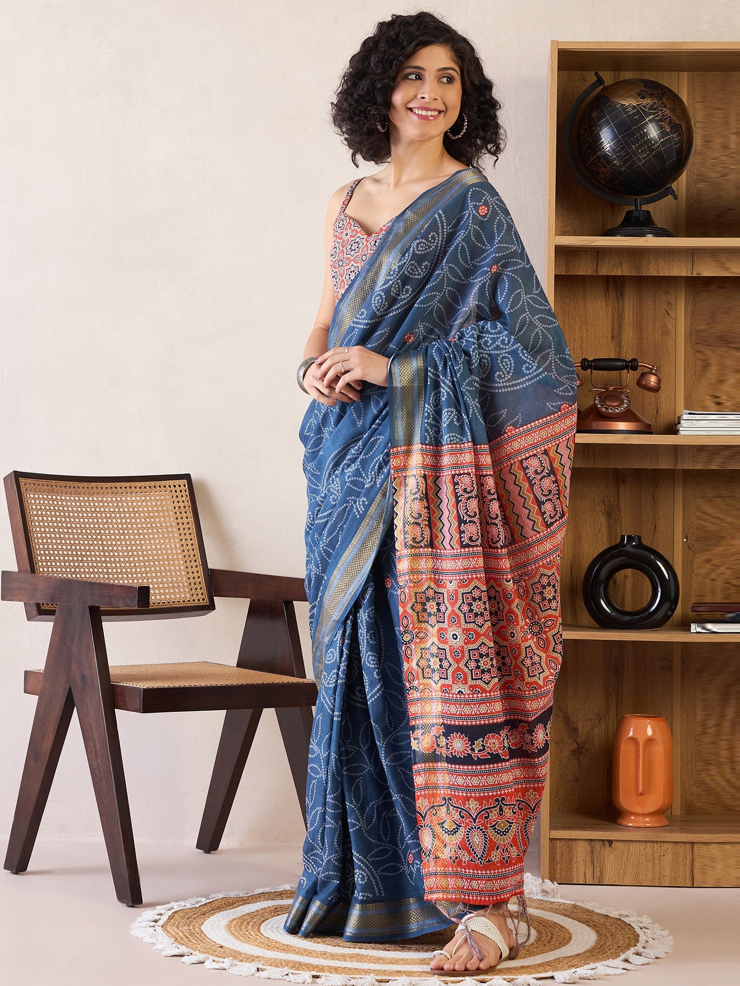 NOZ2TOZ Women's Cotton Navy Blue Printed Ready to Wear With Blouse Piece - Distacart