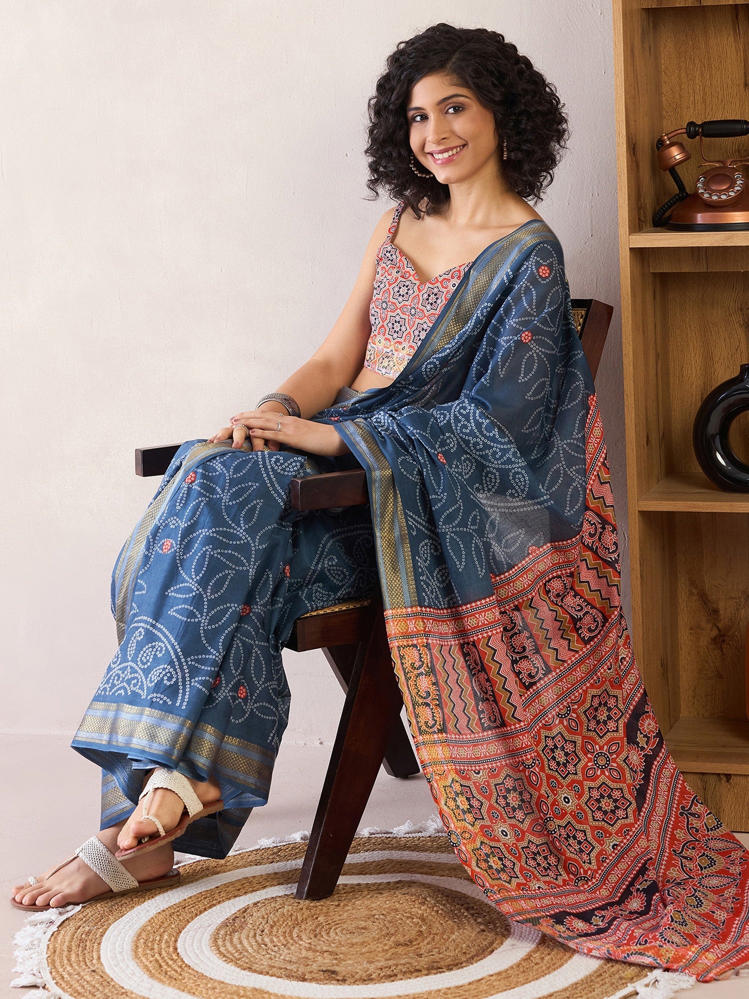 NOZ2TOZ Women's Cotton Navy Blue Printed Ready to Wear With Blouse Piece - Distacart