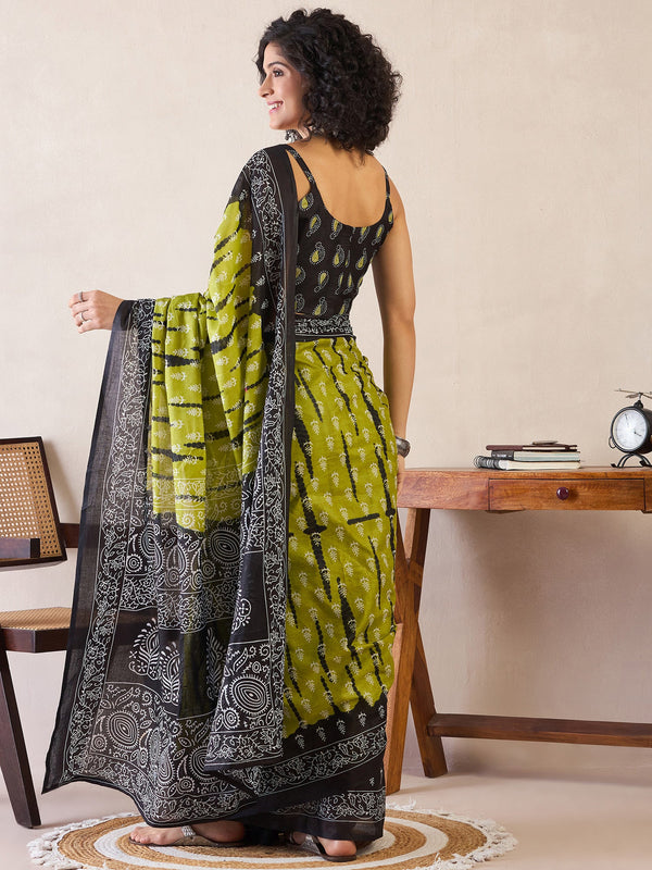 NOZ2TOZ Women's Cotton Olive Printed Ready to Wear With Blouse Piece - Distacart