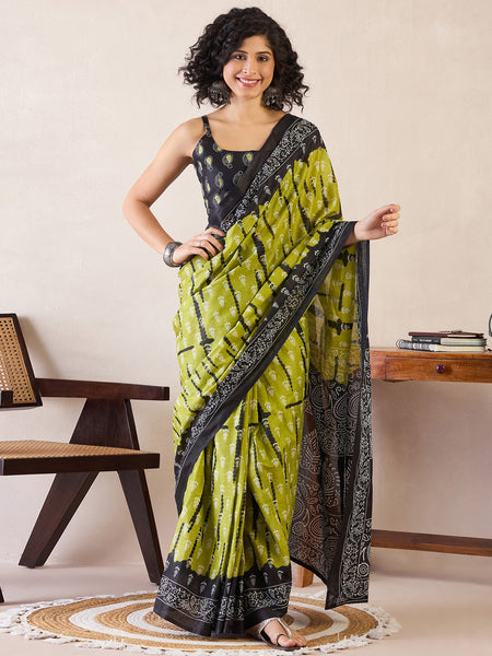 NOZ2TOZ Women's Cotton Olive Printed Ready to Wear With Blouse Piece - Distacart