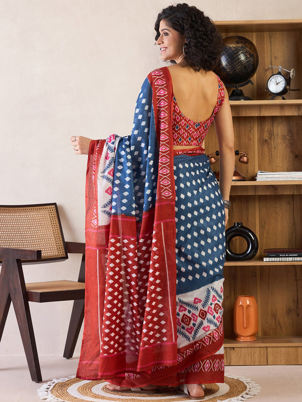 NOZ2TOZ Women's Cotton Navy Blue Printed Ready to Wear With Blouse Piece - Distacart