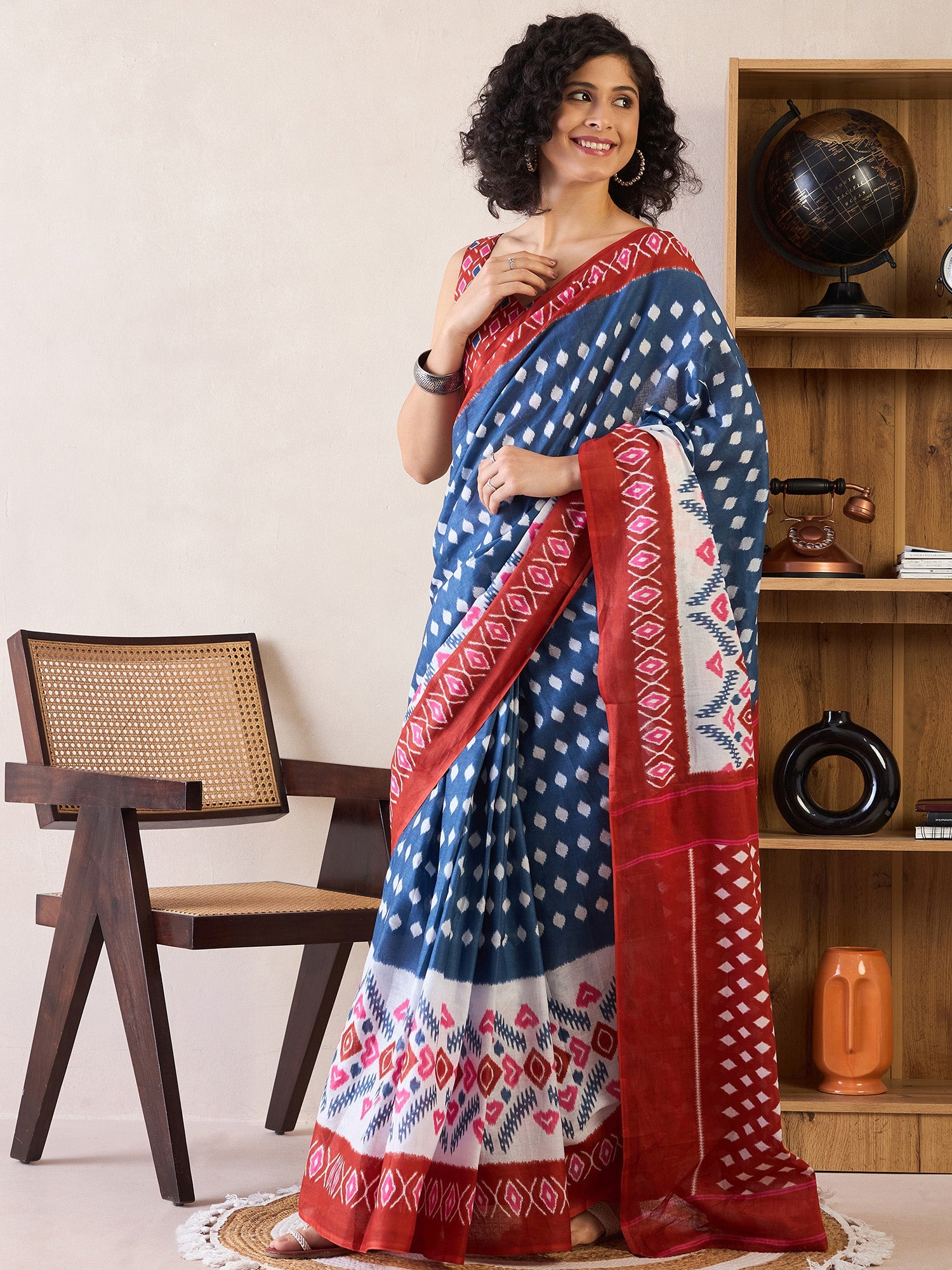 NOZ2TOZ Women's Cotton Navy Blue Printed Ready to Wear With Blouse Piece - Distacart