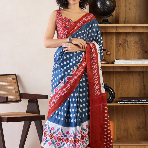 NOZ2TOZ Women's Cotton Navy Blue Printed Ready to Wear With Blouse Piece - Distacart