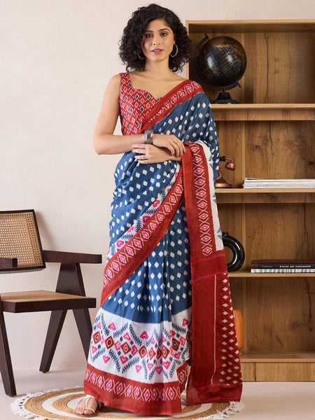 NOZ2TOZ Women's Cotton Navy Blue Printed Ready to Wear With Blouse Piece - Distacart