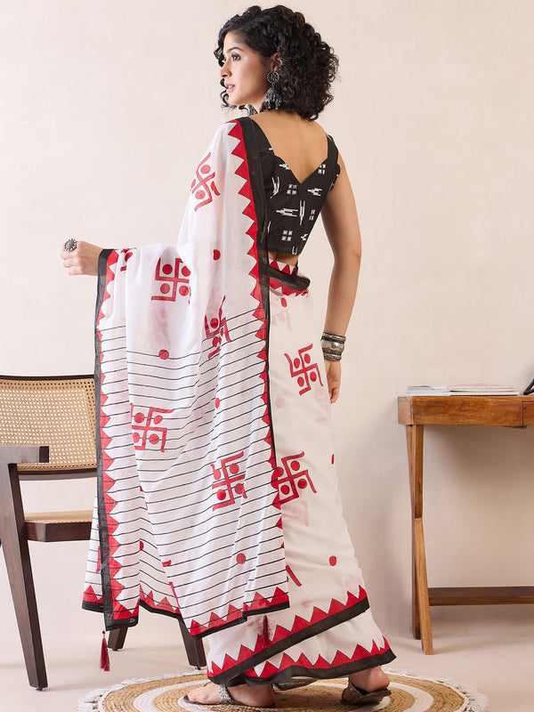 NOZ2TOZ Women's Cotton White Printed Ready to Wear With Blouse Piece - Distacart