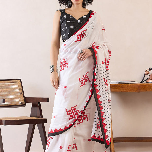 NOZ2TOZ Women's Cotton White Printed Ready to Wear With Blouse Piece - Distacart