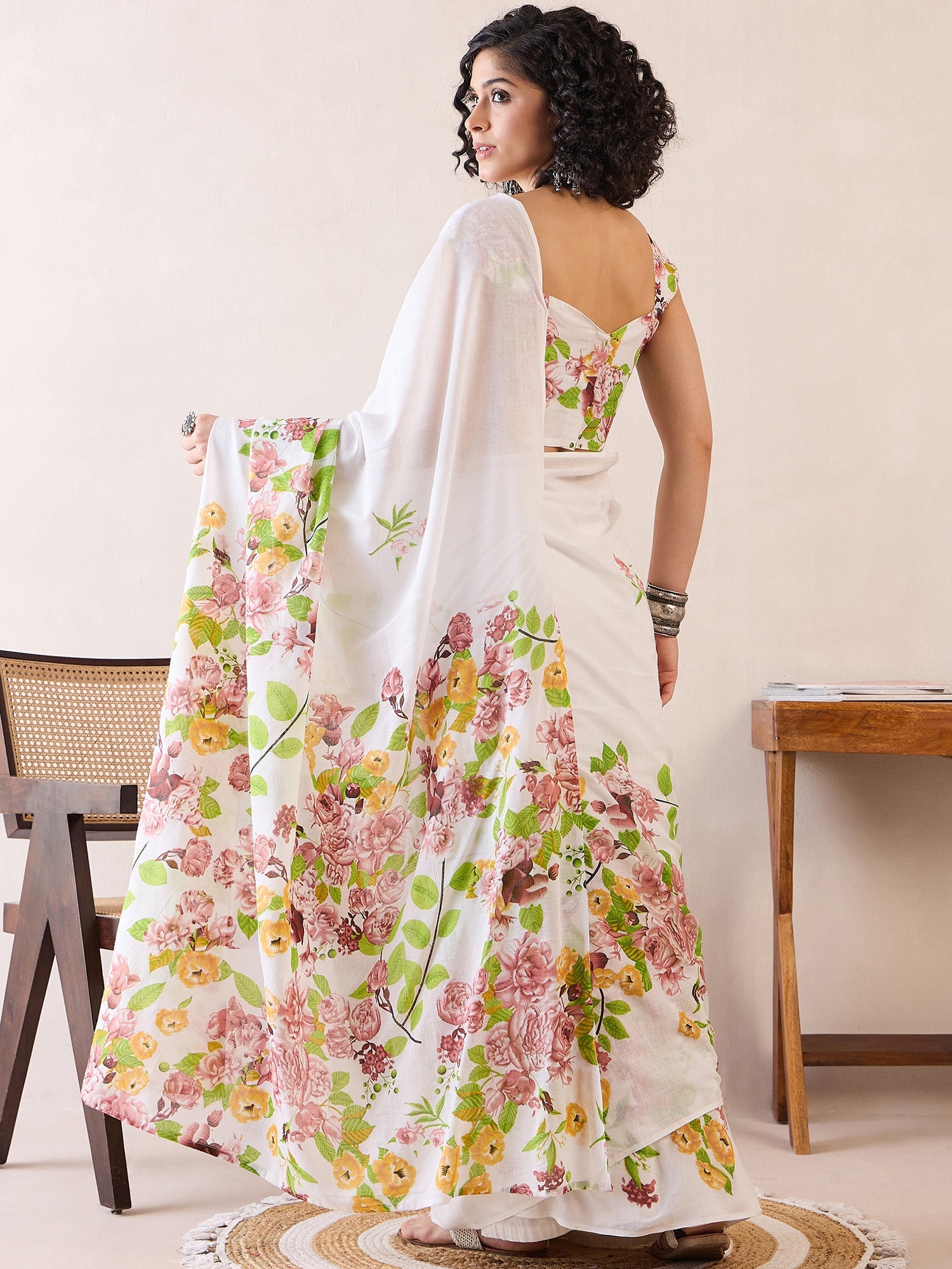 NOZ2TOZ Women's Cotton White Printed Ready to Wear With Blouse Piece - Distacart