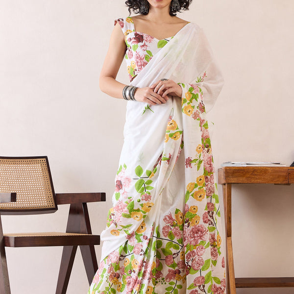 NOZ2TOZ Women's Cotton White Printed Ready to Wear With Blouse Piece - Distacart