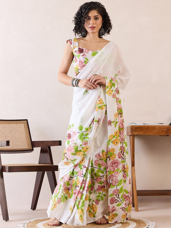 NOZ2TOZ Women's Cotton White Printed Ready to Wear With Blouse Piece - Distacart