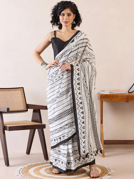 NOZ2TOZ Women's Cotton White Printed Ready to Wear With Blouse Piece - Distacart