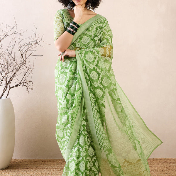 NOZ2TOZ Women's Brasso Green Printed Ready to Wear With Blouse Piece - Distacart