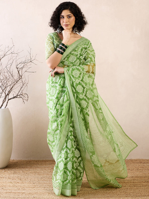 NOZ2TOZ Women's Brasso Green Printed Ready to Wear With Blouse Piece - Distacart