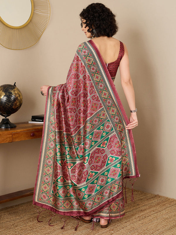 NOZ2TOZ Women's Silk Blend Brown Printed Ready to Wear With Blouse Piece - Distacart