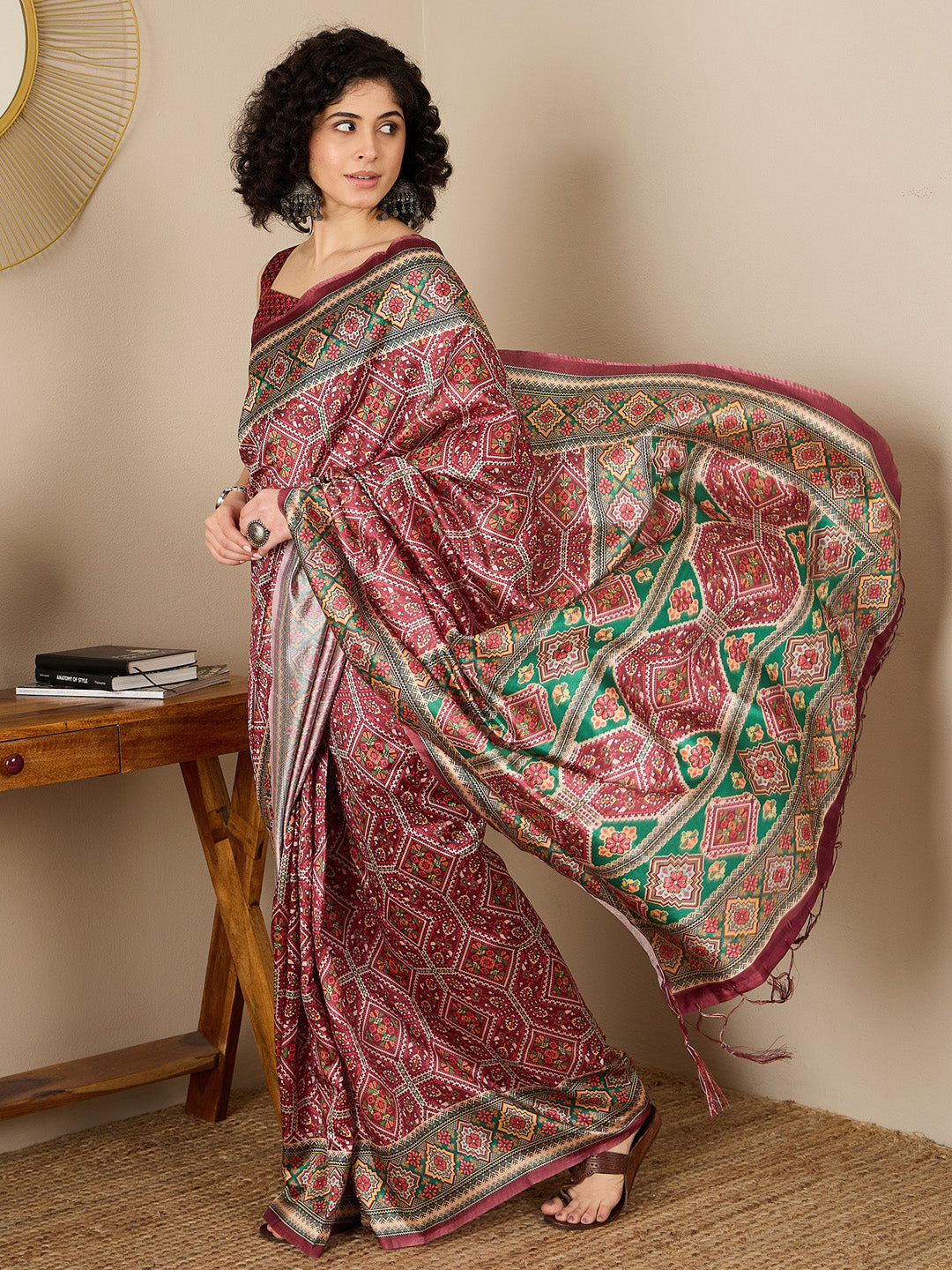 NOZ2TOZ Women's Silk Blend Brown Printed Ready to Wear With Blouse Piece - Distacart