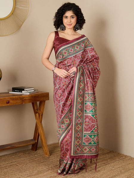 NOZ2TOZ Women's Silk Blend Brown Printed Ready to Wear With Blouse Piece - Distacart
