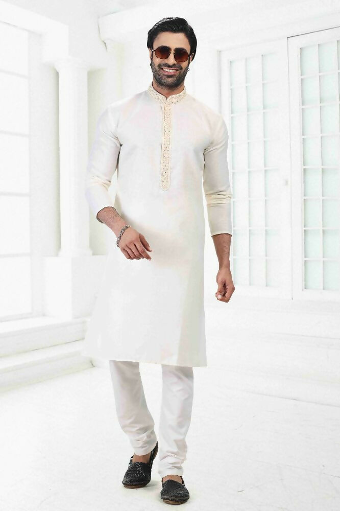 Raivat Ethnic Linen Cotton Thread Work Kurta Pajama In Cream Colour - Dista