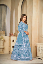 Thumbnail for Jyoti Fashion Women's Sky Blue Net Embroidered Anarkali Kurta Pant Set With Dupatta - Distacart