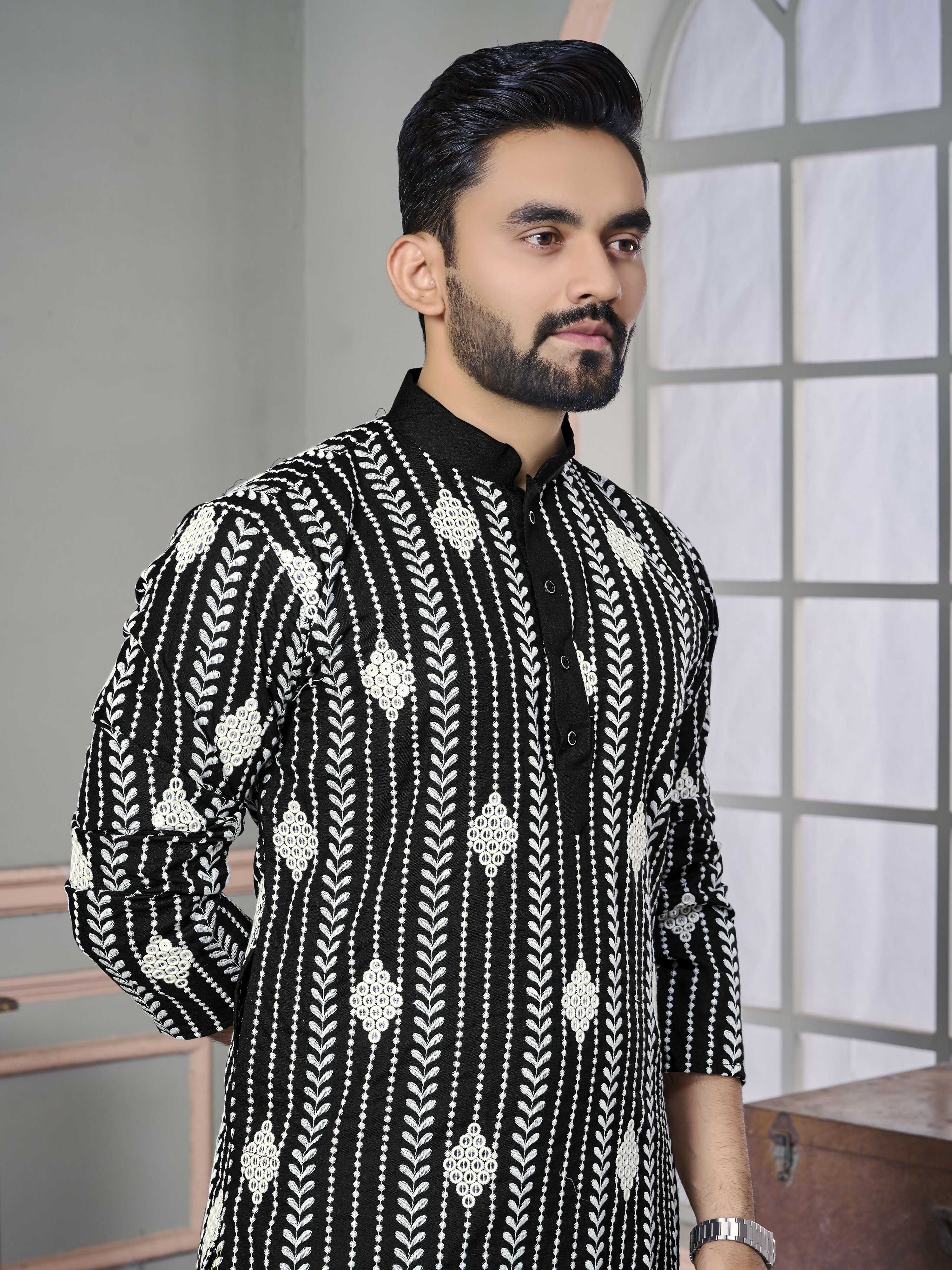 Black Men Kurta Set Embroidered with Sequins Work by Infinity Export - Distacart