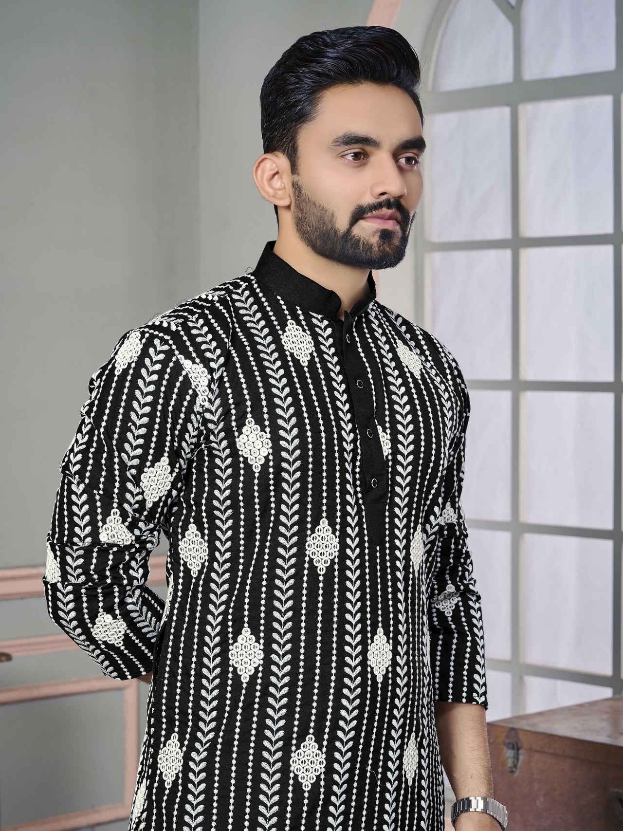 Buy Black Men Kurta Set Embroidered with Sequins Work by Infinity