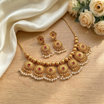 Jewel City Handcrafted Antique Gold-Plated Ethnic Necklace Set & Pearl Drops | Traditional Indian Jewelry - Dista