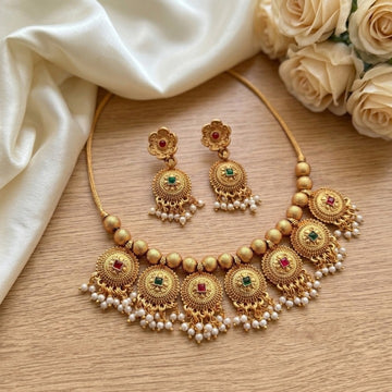Jewel City Handcrafted Antique Gold-Plated Ethnic Necklace Set & Pearl Drops | Traditional Indian Jewelry - Dista
