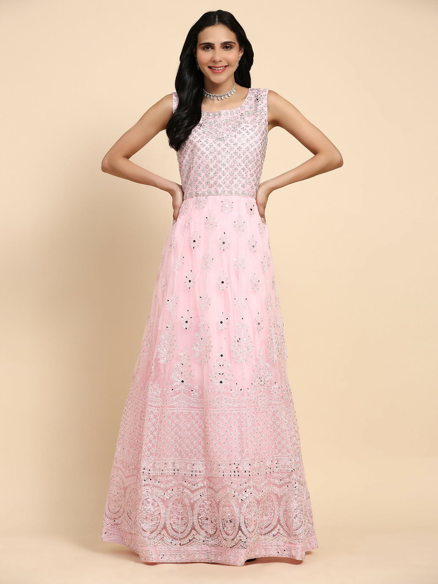 Pink Net Hand Embroidered Gown - Rudrani - Distacart