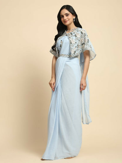 Blue Chiffon Solid Ready to wear Saree with stitched Blouse - Aayan - Distacart