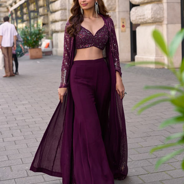 Aarshi Fashions Purple Heavy Georgette Full Stitched Indowestern Crop Top, palazzo & Shrug Set - Distacart