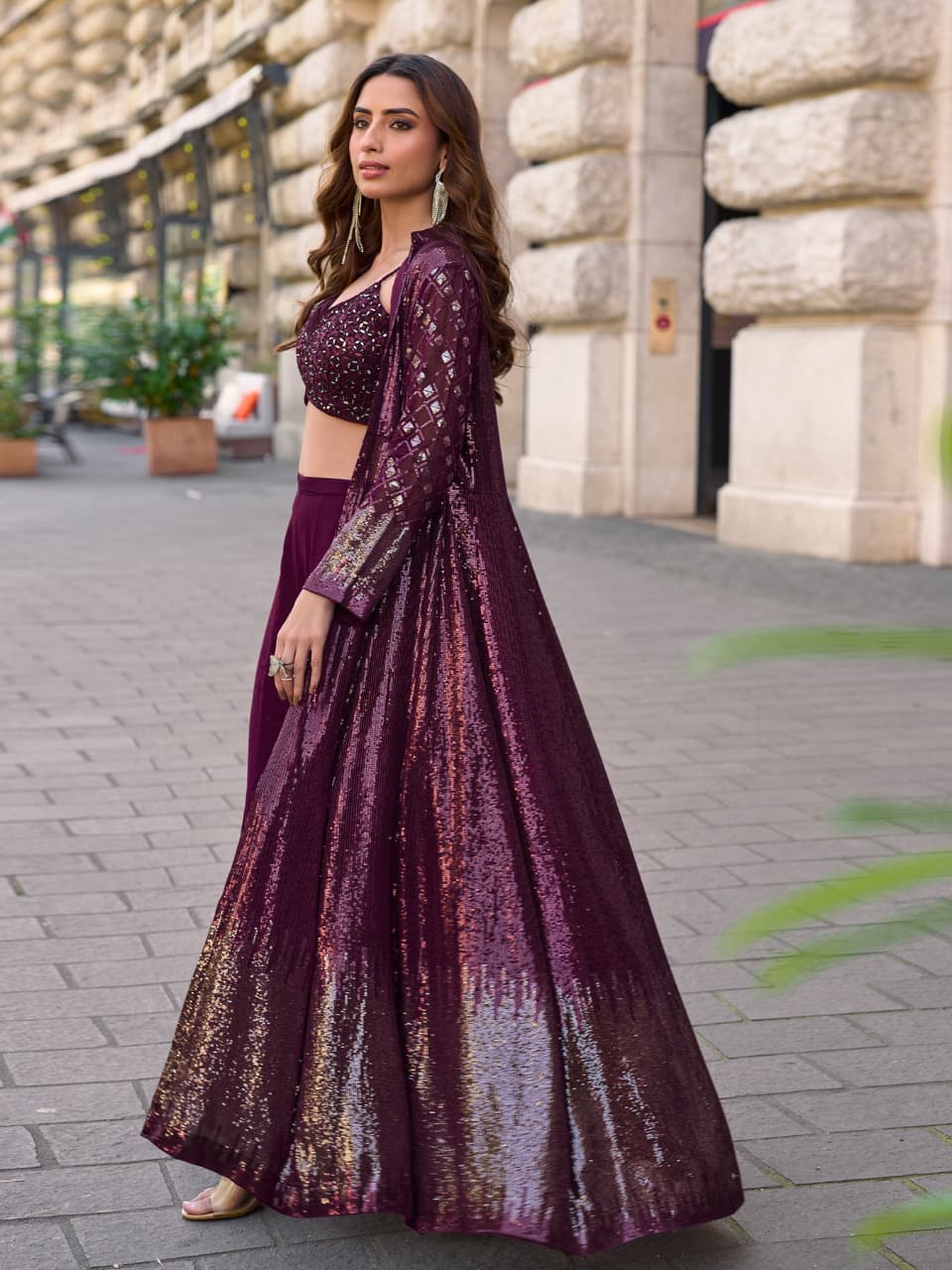 Aarshi Fashions Purple Heavy Georgette Full Stitched Indowestern Crop Top, palazzo & Shrug Set - Distacart