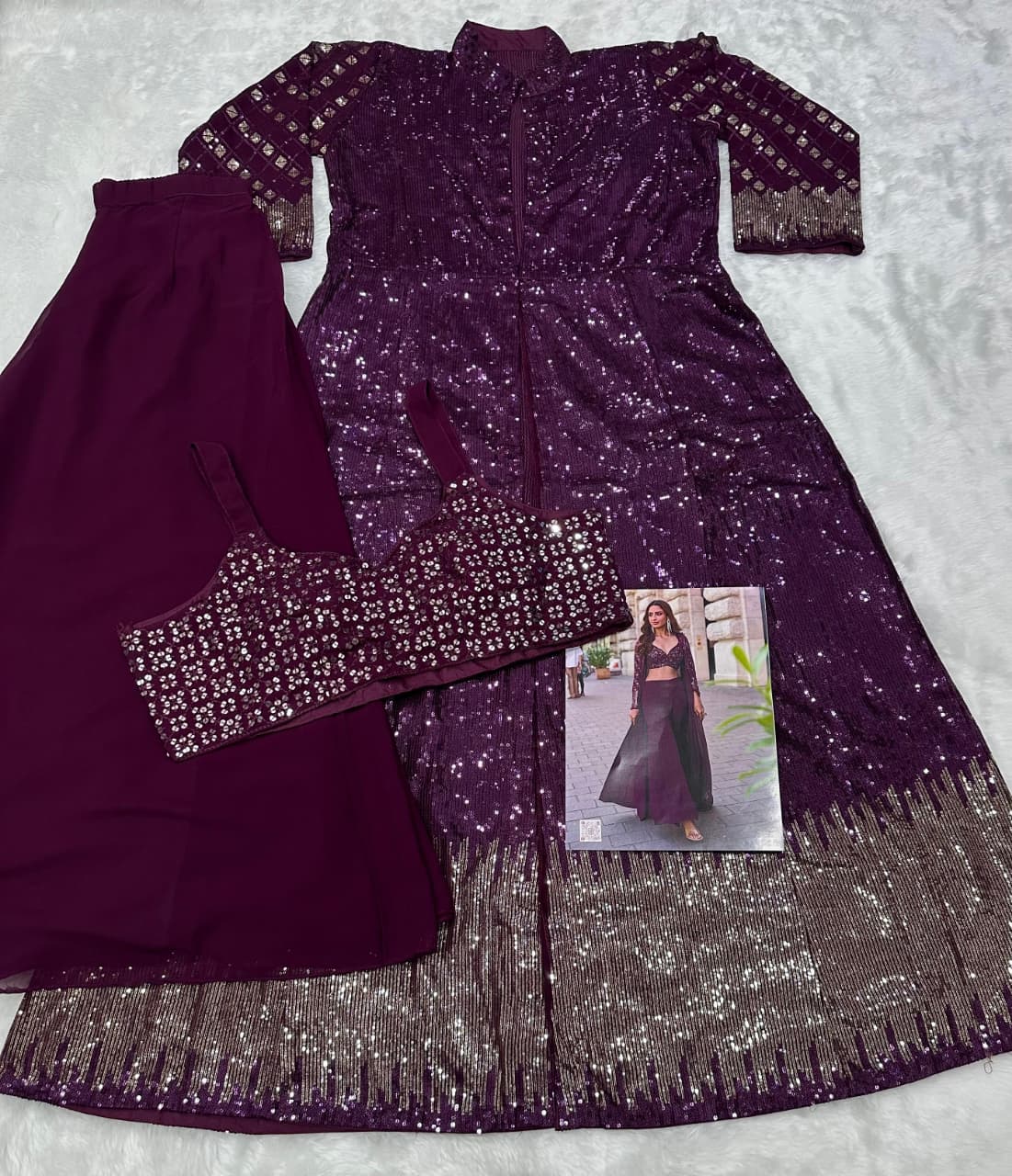 Aarshi Fashions Purple Heavy Georgette Full Stitched Indowestern Crop Top, palazzo & Shrug Set - Distacart