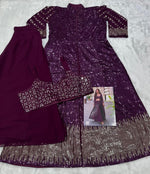 Thumbnail for Aarshi Fashions Purple Heavy Georgette Full Stitched Indowestern Crop Top, palazzo & Shrug Set - Distacart
