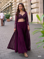 Thumbnail for Aarshi Fashions Purple Heavy Georgette Full Stitched Indowestern Crop Top, palazzo & Shrug Set - Distacart
