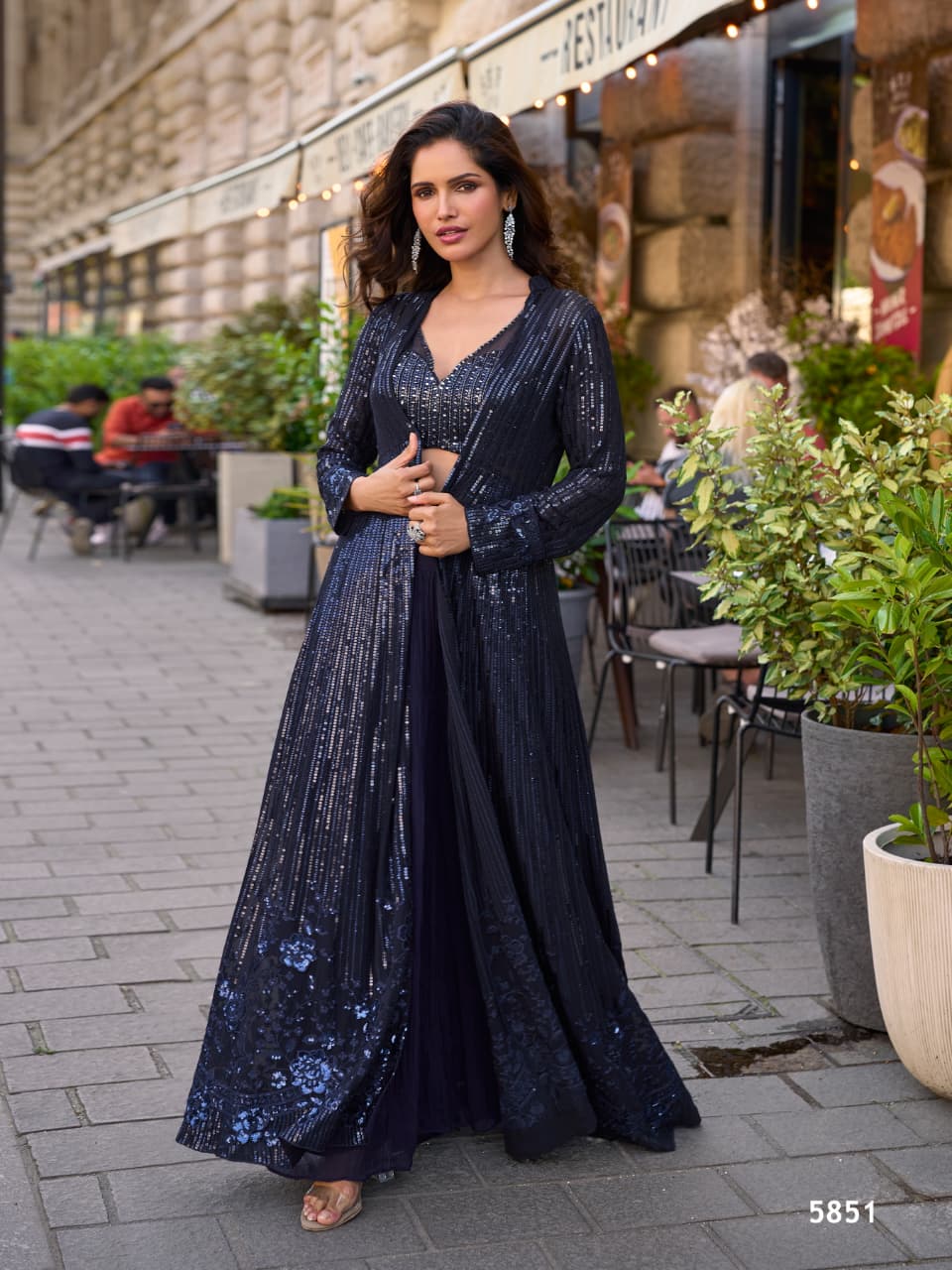 Aarshi Fashions Navy Blue Heavy Georgette Full Stitched Indowestern Crop Top, palazzo & Shrug Set - Distacart