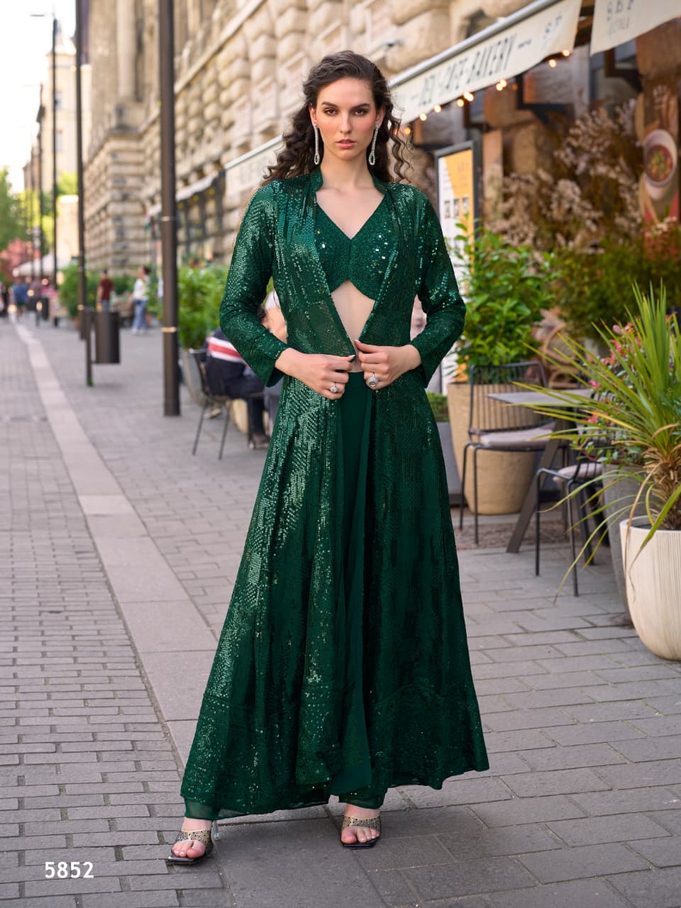 Aarshi Fashions Bottle Green Heavy Georgette Full Stitched Indowestern Crop Top, palazzo & Shrug Set - Distacart
