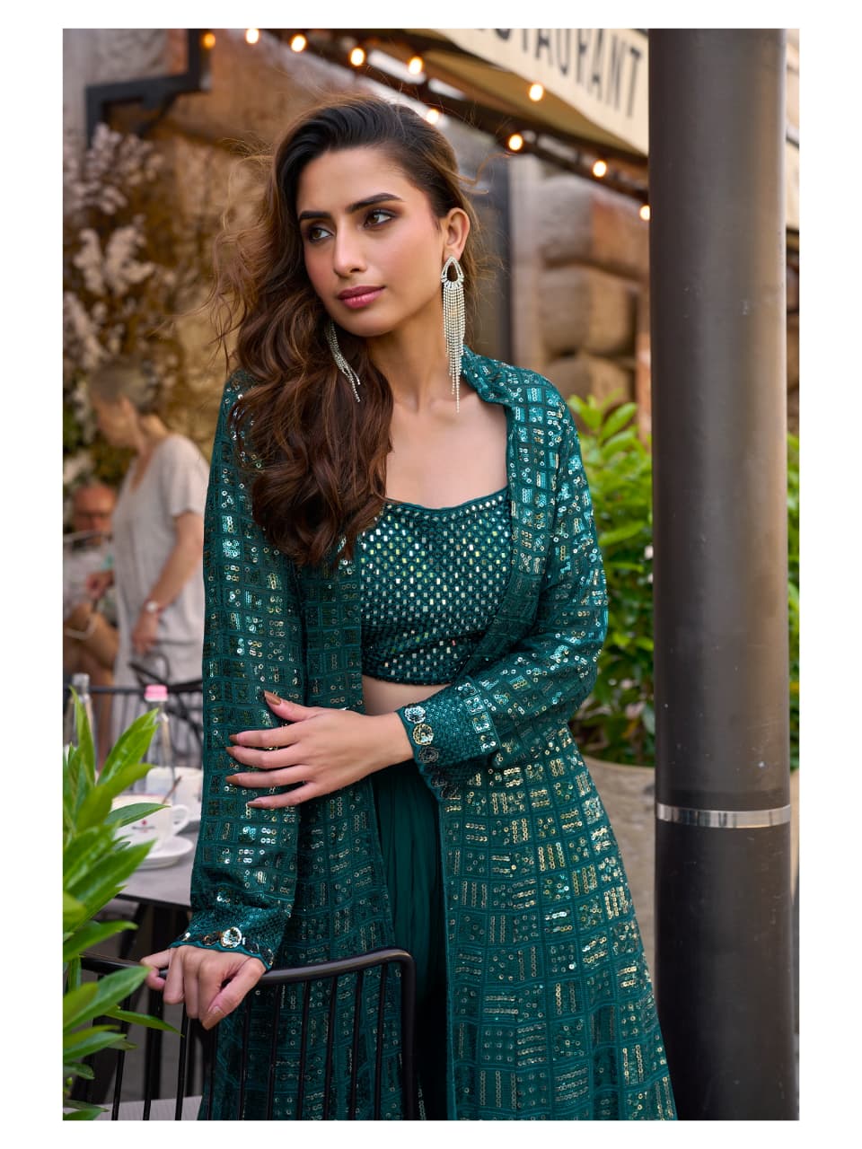 Aarshi Fashions Teal Green Heavy Georgette Full Stitched Indowestern Crop Top, palazzo & Shrug Set - Distacart