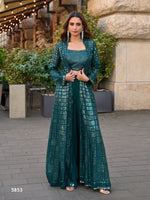 Thumbnail for Aarshi Fashions Teal Green Heavy Georgette Full Stitched Indowestern Crop Top, palazzo & Shrug Set - Distacart