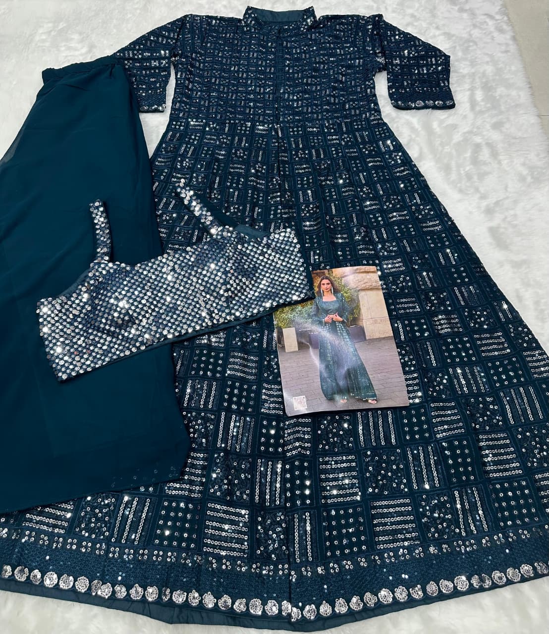 Aarshi Fashions Teal Green Heavy Georgette Full Stitched Indowestern Crop Top, palazzo & Shrug Set - Distacart