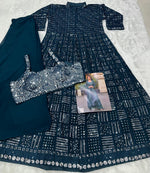 Thumbnail for Aarshi Fashions Teal Green Heavy Georgette Full Stitched Indowestern Crop Top, palazzo & Shrug Set - Distacart