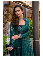 Thumbnail for Aarshi Fashions Teal Green Heavy Georgette Full Stitched Indowestern Crop Top, palazzo & Shrug Set - Distacart