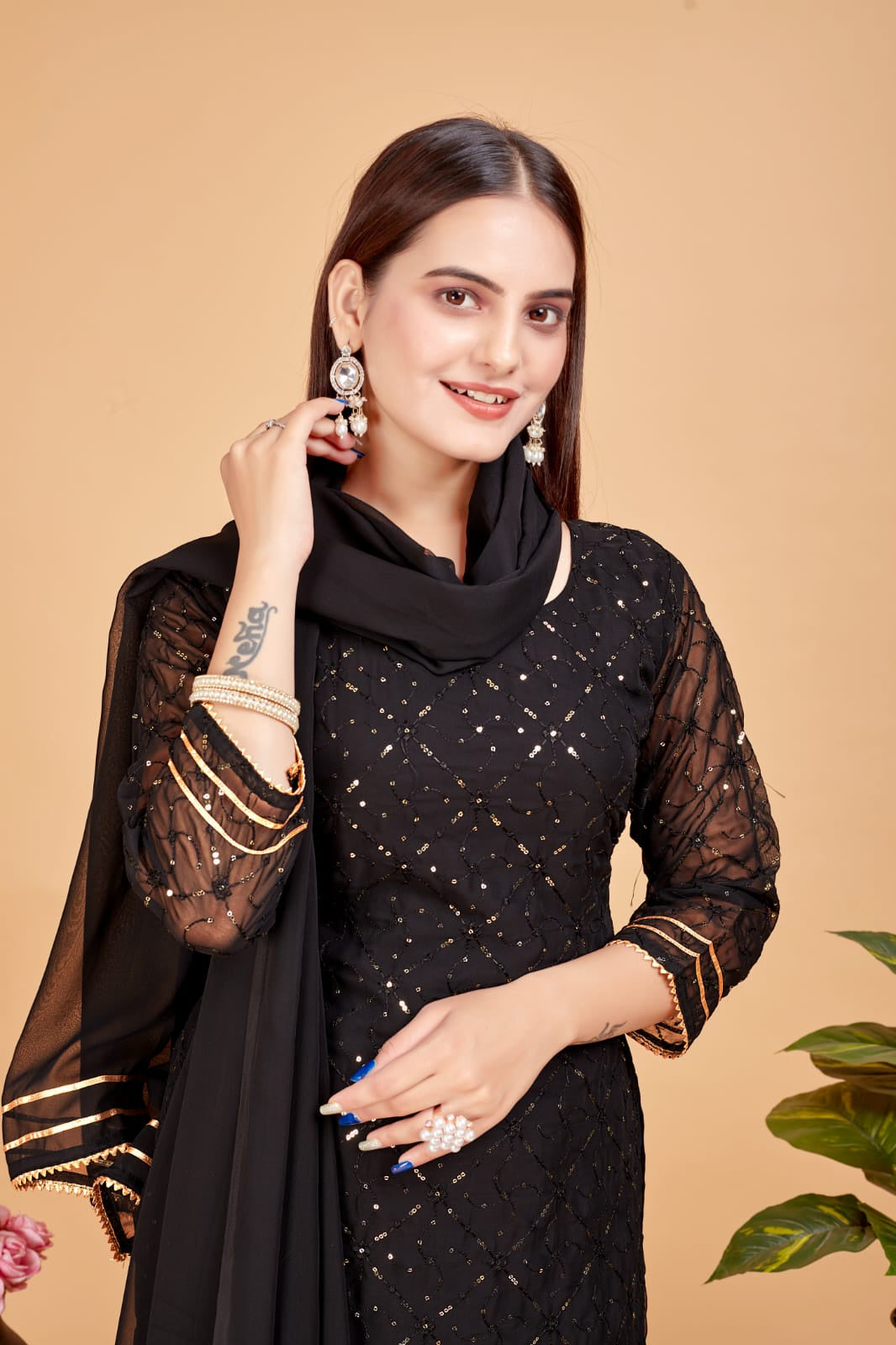 Women's A-Line Black Kurta and Sharara With Dupatta Set - A2M - Distacart