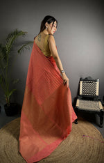 Thumbnail for Joban Fashion Peach Banarasi Soft Lichi Silk Checks & Woven Saree